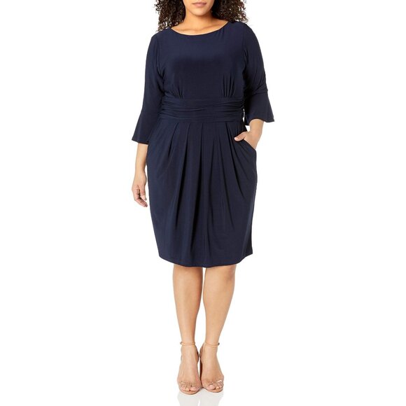 Eliza J Navy Blue Dress Bell Sleeves Pockets Size 16 Career Work Office Plus Sz - Picture 1 of 8
